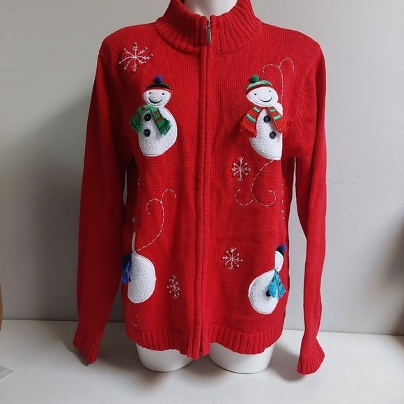Classic Elements Red Sweater Full Zip Snowman 3D Holiday‎ Ribbed Trim Size Large - Picture 1 of 12